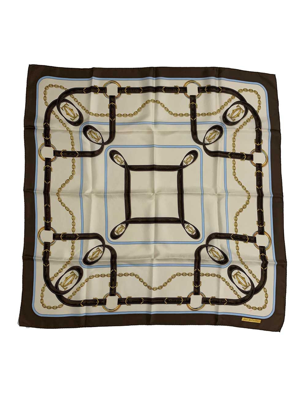 Foulard Must de Cartier vintage en soie marron, beige et bleu 