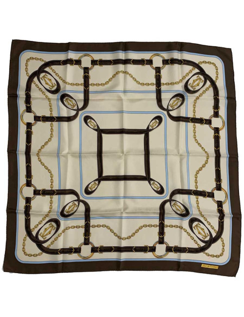 Foulard Must de Cartier vintage en soie marron, beige et bleu 