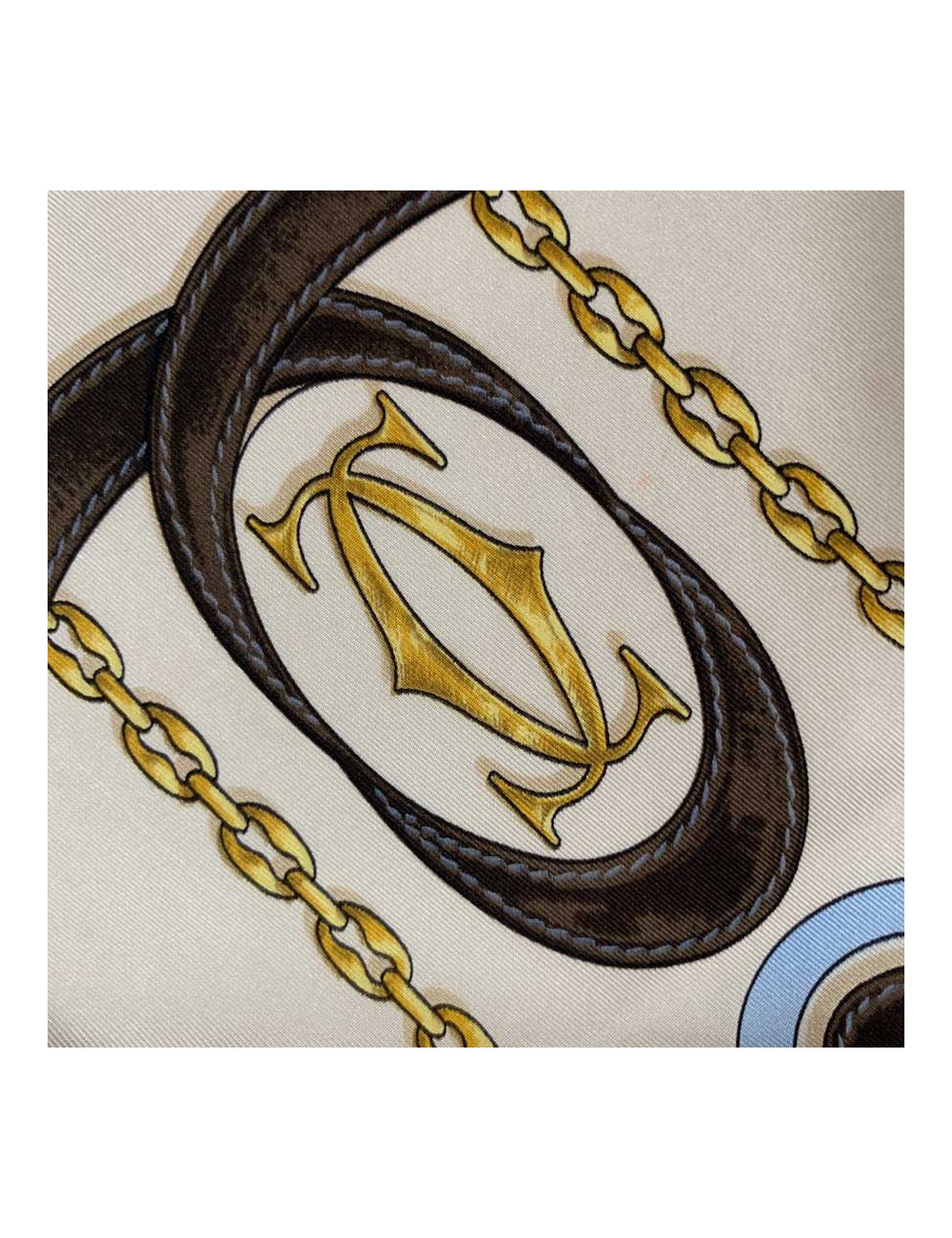 Foulard Must de Cartier vintage en soie marron, beige et bleu 
