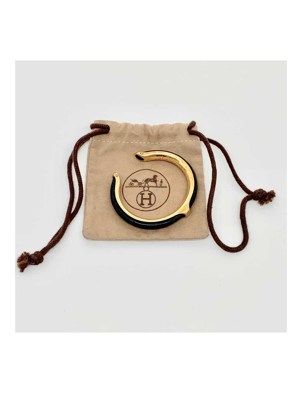 Bracelet vintage HERMES cuir noir laiton doré