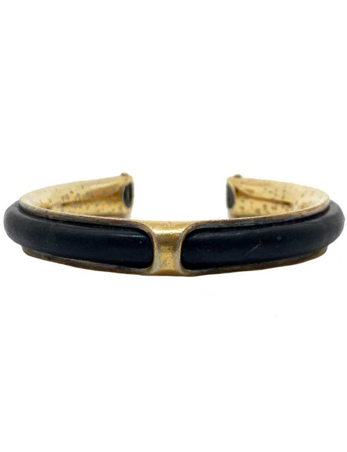 Bracelet vintage HERMES cuir noir laiton doré