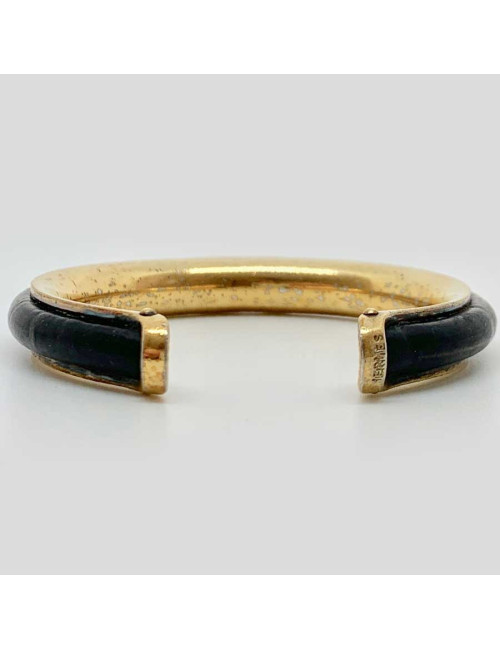 Bracelet vintage HERMES cuir noir laiton doré