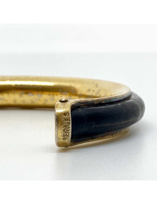 Bracelet vintage HERMES cuir noir laiton doré