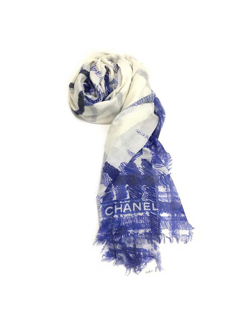 Châle CHANEL en modal et soie bleu et écru 