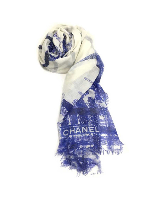 CHANEL shawl in blue and ecru modal and silk