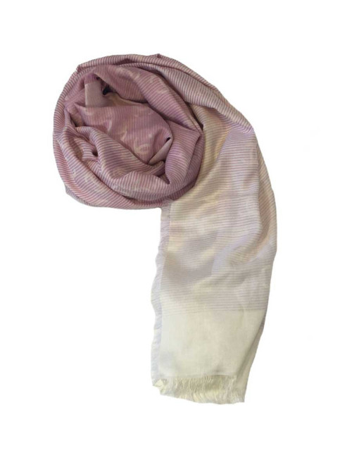 Châle CHANEL à petites franges en coton et soie rose et blanc