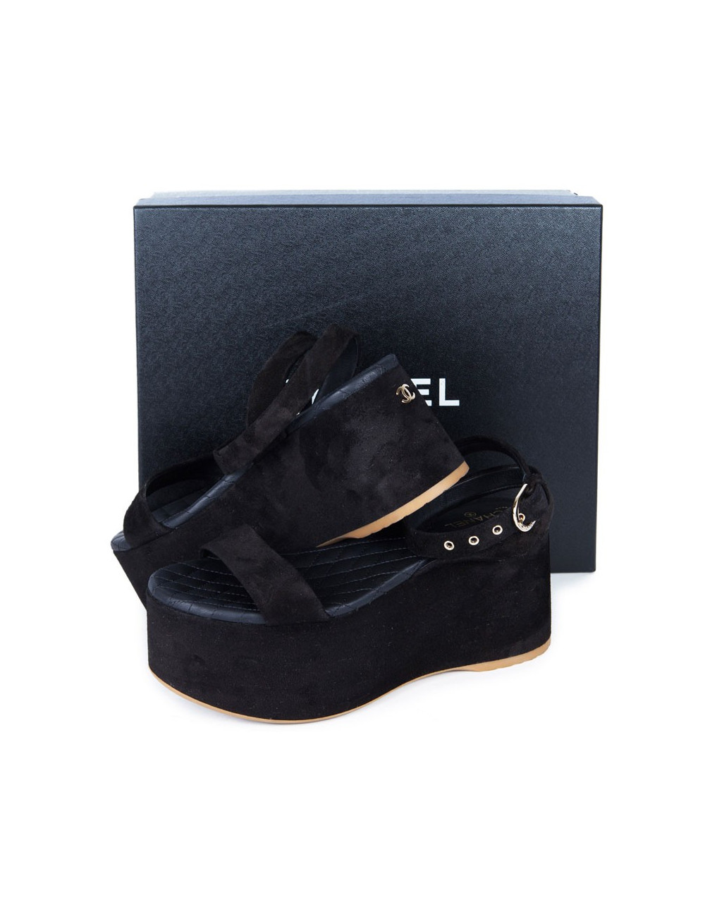 Sandales CHANEL T 36.5 veau velours noir