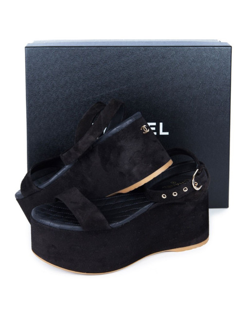 Sandales CHANEL T 36.5 veau velours noir