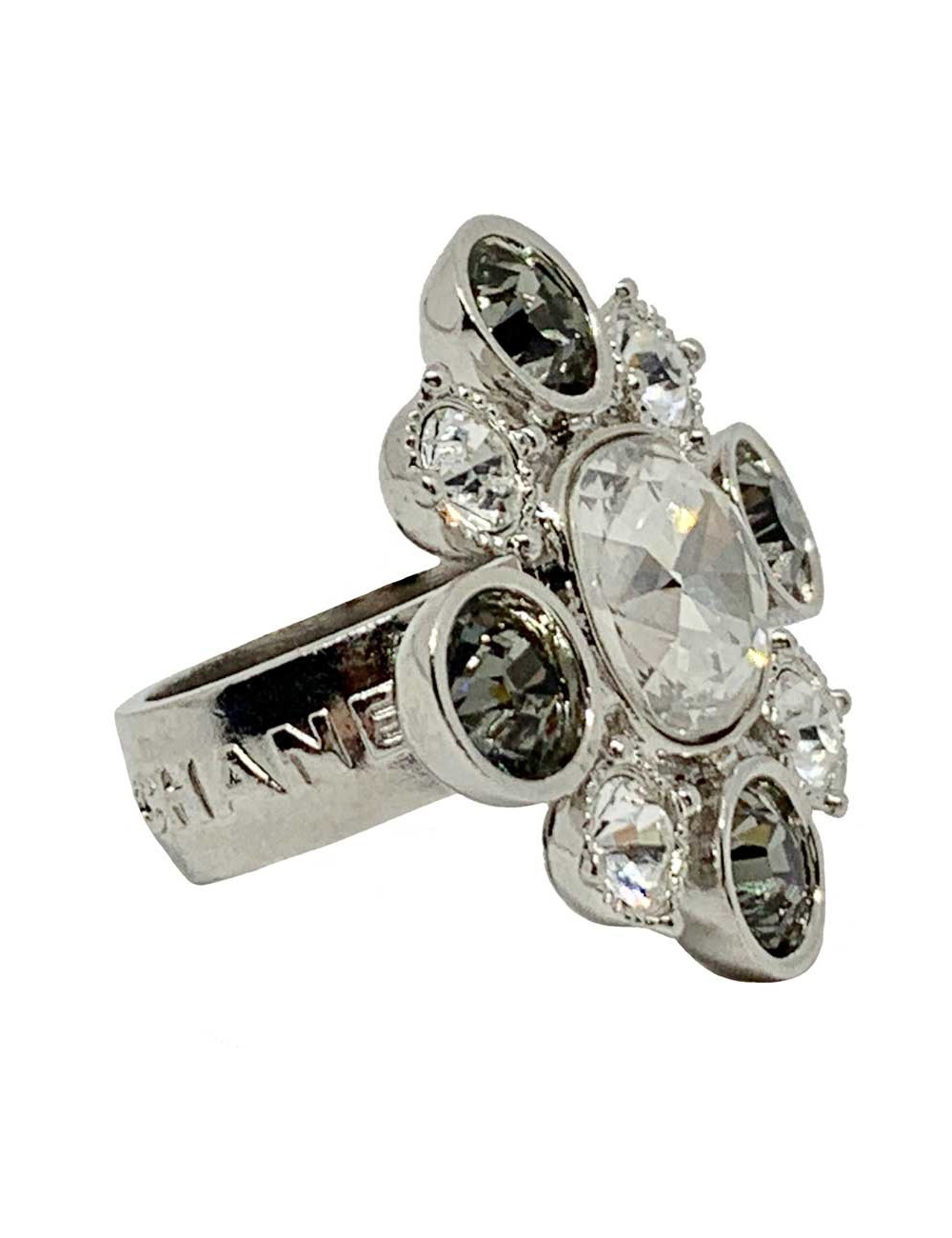 Bague CHANEL strass et métal argenté T53