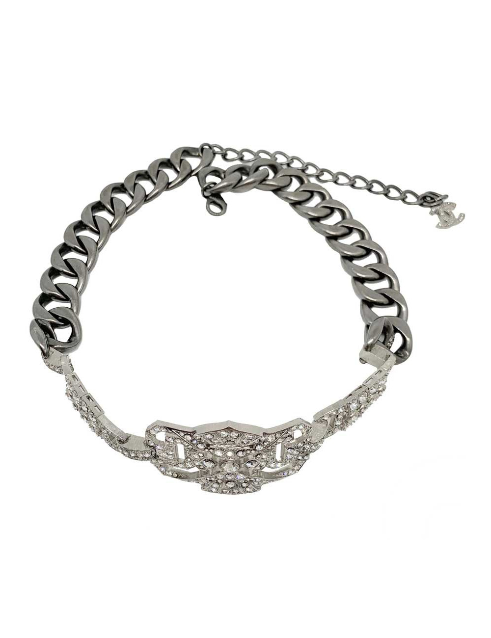 CHANEL belt  with a rhinestone and silver finish metal buckle, size 70