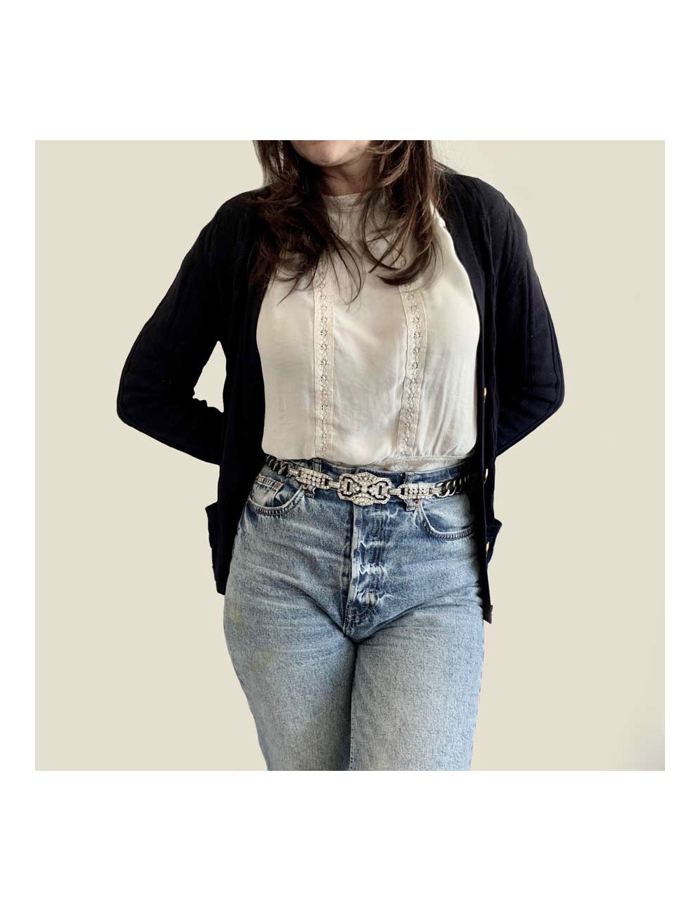 Ceinture CHANEL boucle strass et métal argenté T70