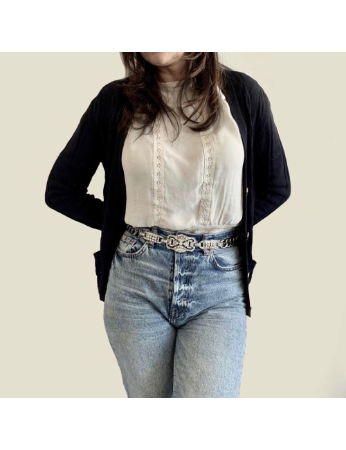 Ceinture CHANEL boucle strass et métal argenté T70