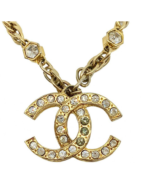 Collier vintage CC CHANEL strass et métal doré