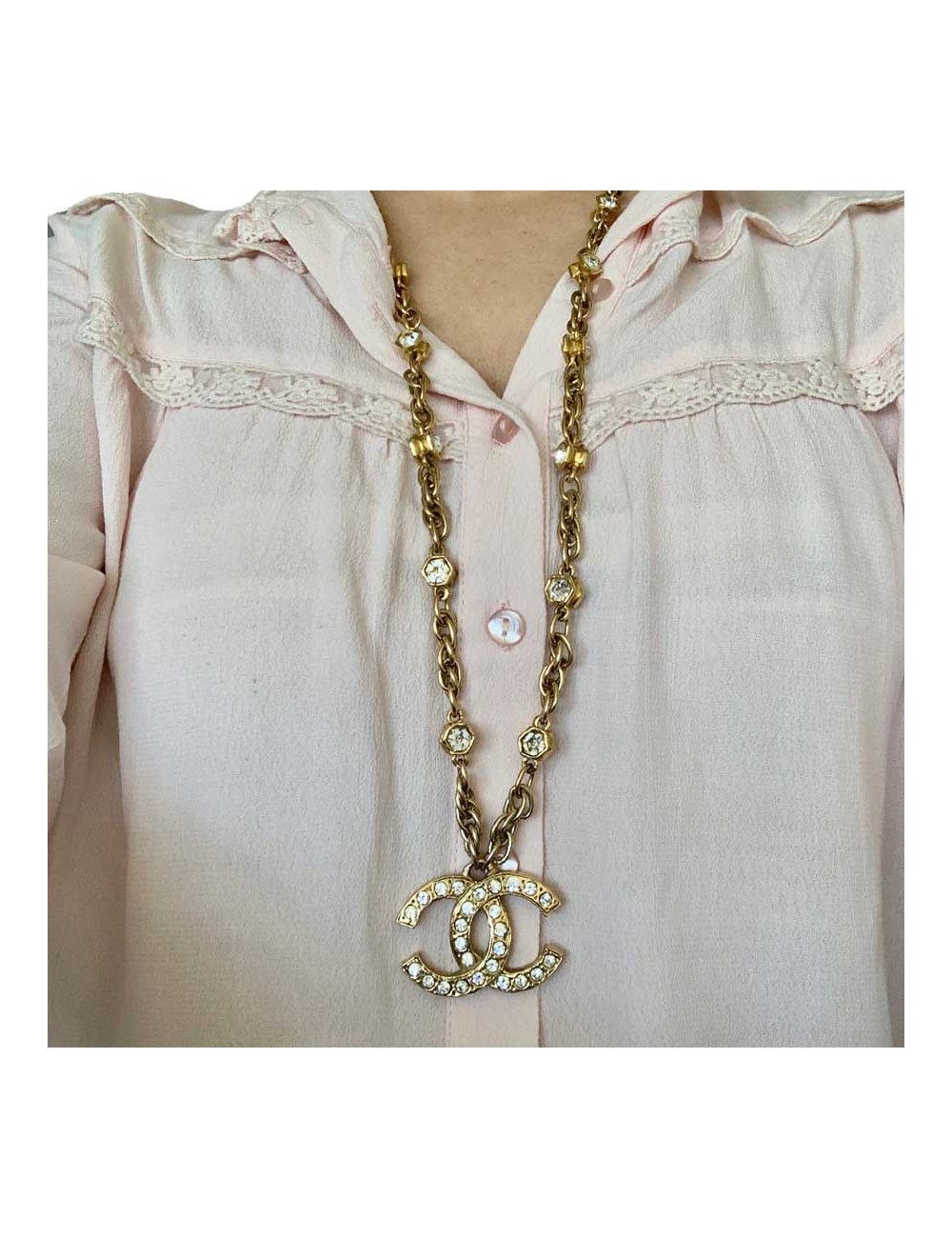 Collier vintage CC CHANEL strass et métal doré