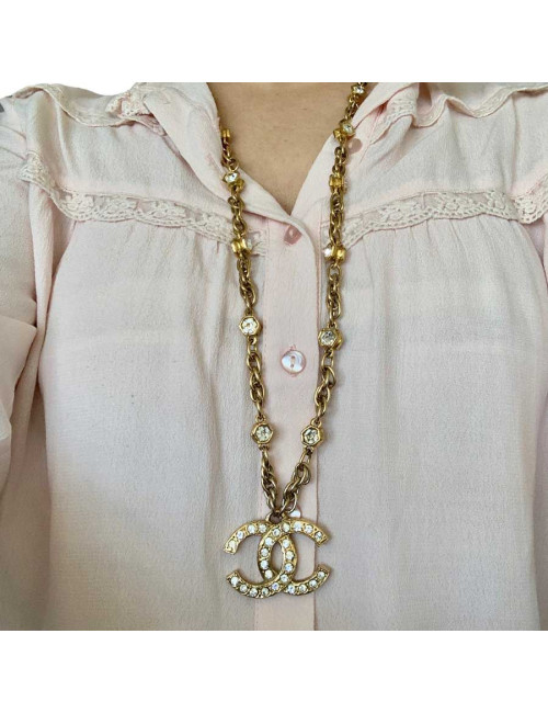 Collier vintage CC CHANEL strass et métal doré