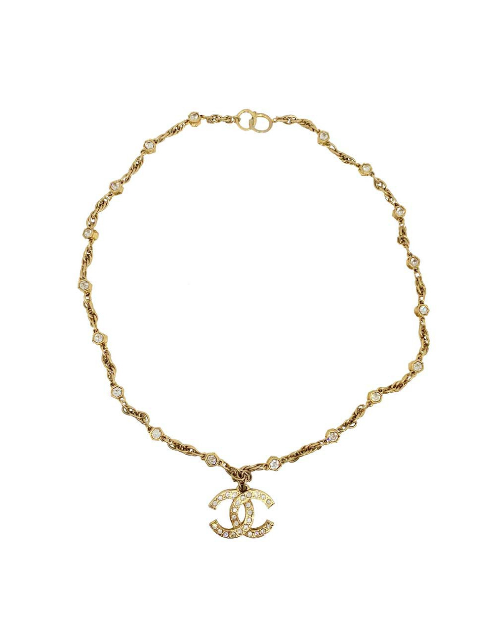 Collier vintage CC CHANEL strass et métal doré