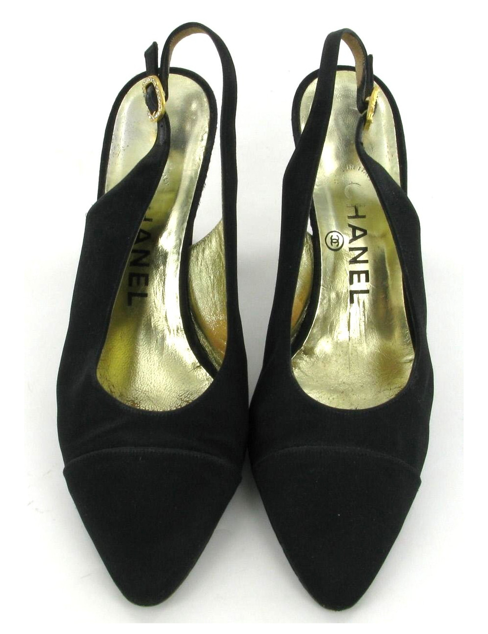 Escarpins CHANEL Couture en soie satin noir T 38,5