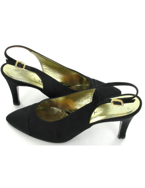 Escarpins CHANEL Couture en soie satin noir T 38,5