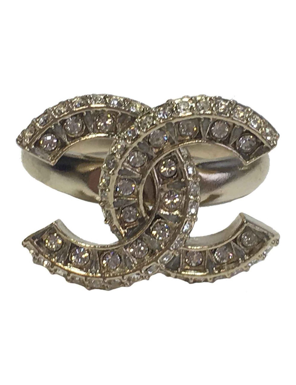 Bague CHANEL CC dorée et strass baguette T52
