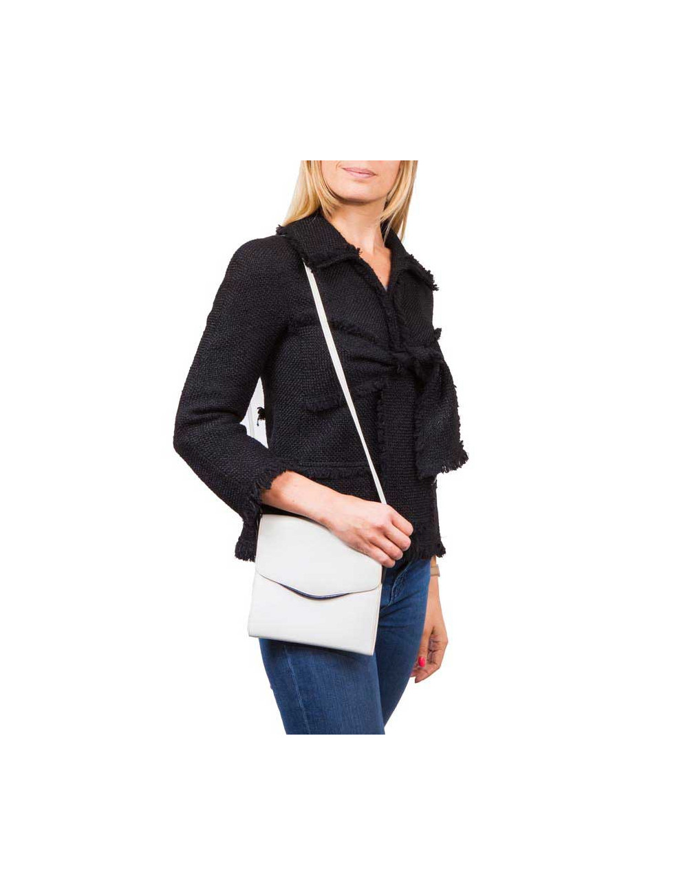 HERMES vintage bag in white leather and night blue trim