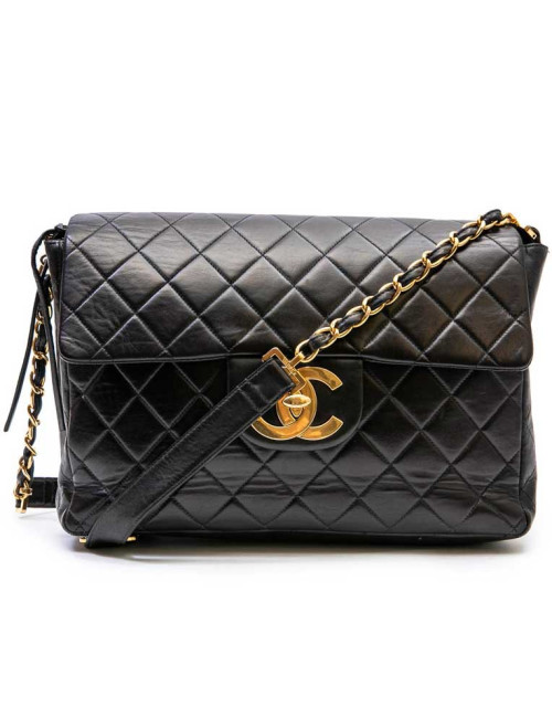 Sac Jumbo CHANEL cuir d'agneau matelassé noir Vintage