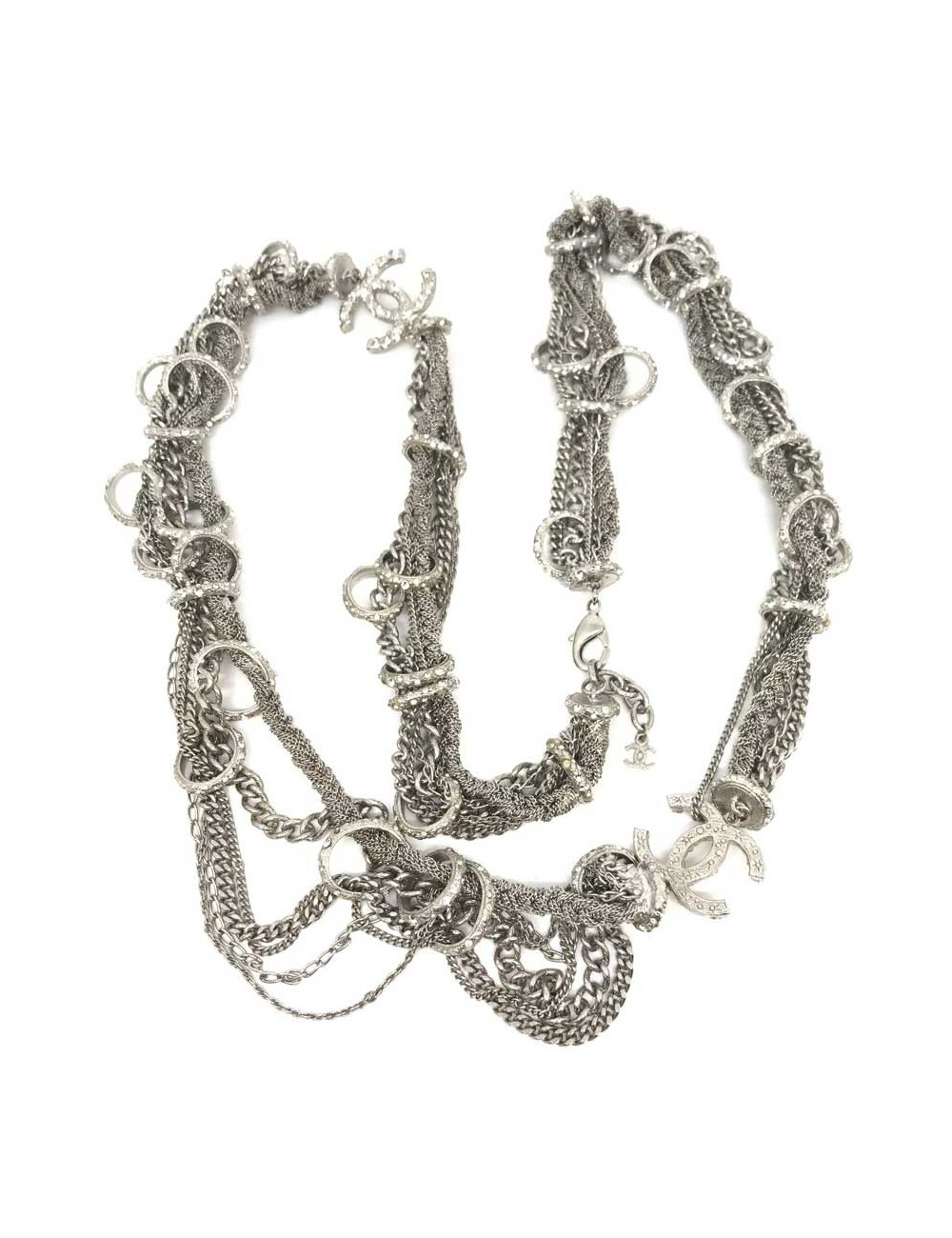 Sautoir multichaines et strass CHANEL argent