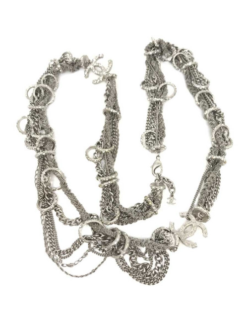 Sautoir multichaines et strass CHANEL argent