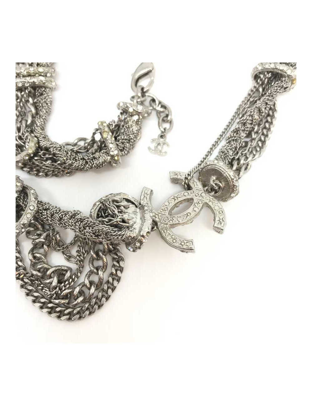 Sautoir multichaines et strass CHANEL argent