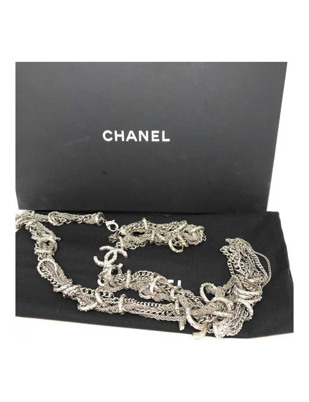 Sautoir multichaines et strass CHANEL argent