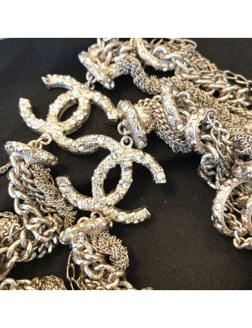Sautoir multichaines et strass CHANEL argent