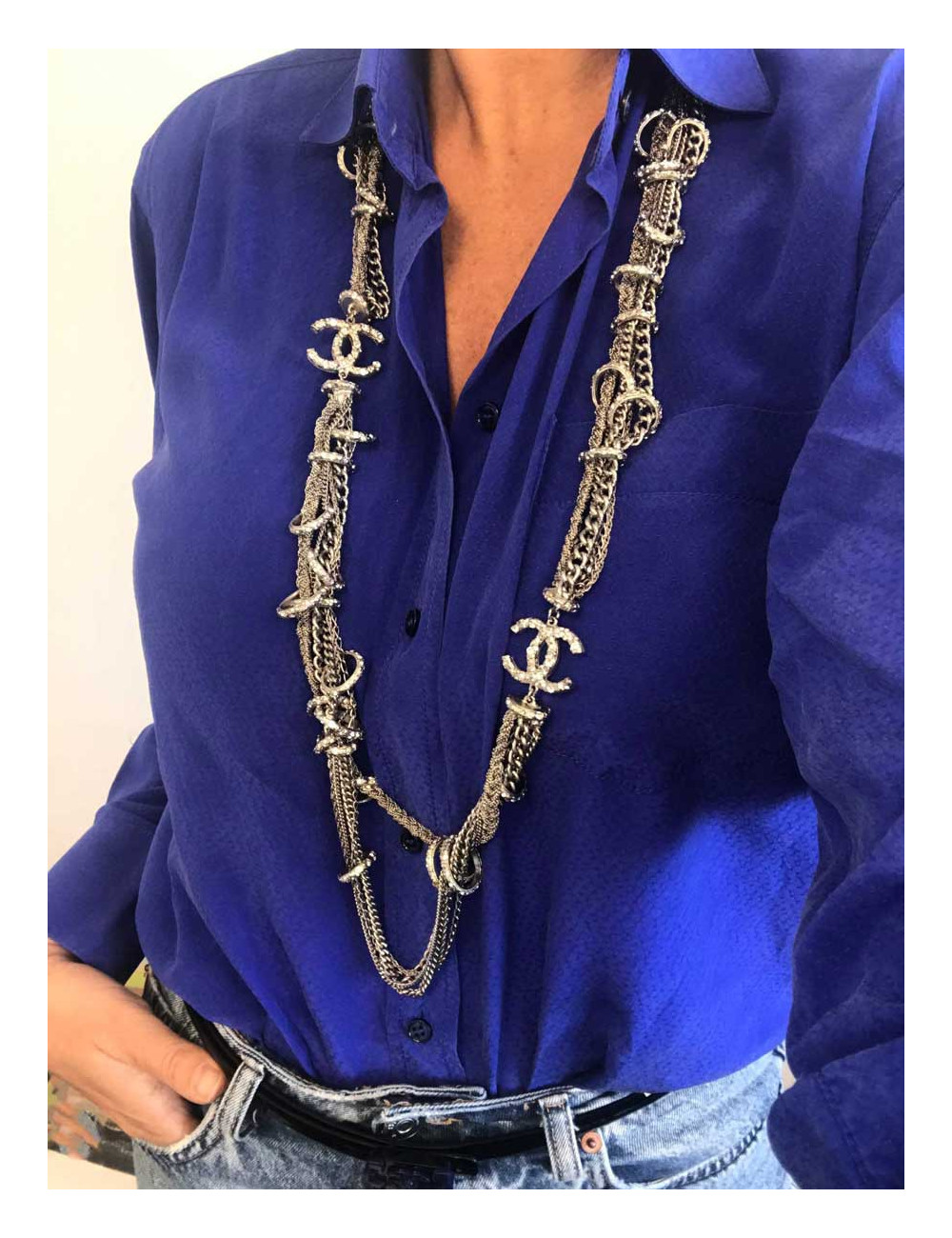 Sautoir multichaines et strass CHANEL argent