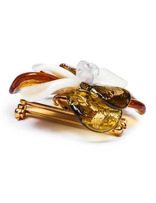 couture camellia brooch in tricolor molten glass