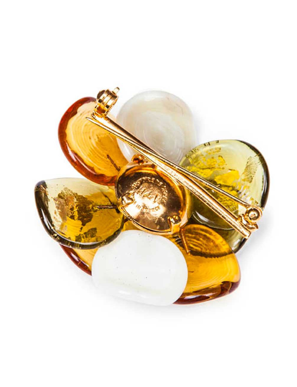 couture camellia brooch in tricolor molten glass