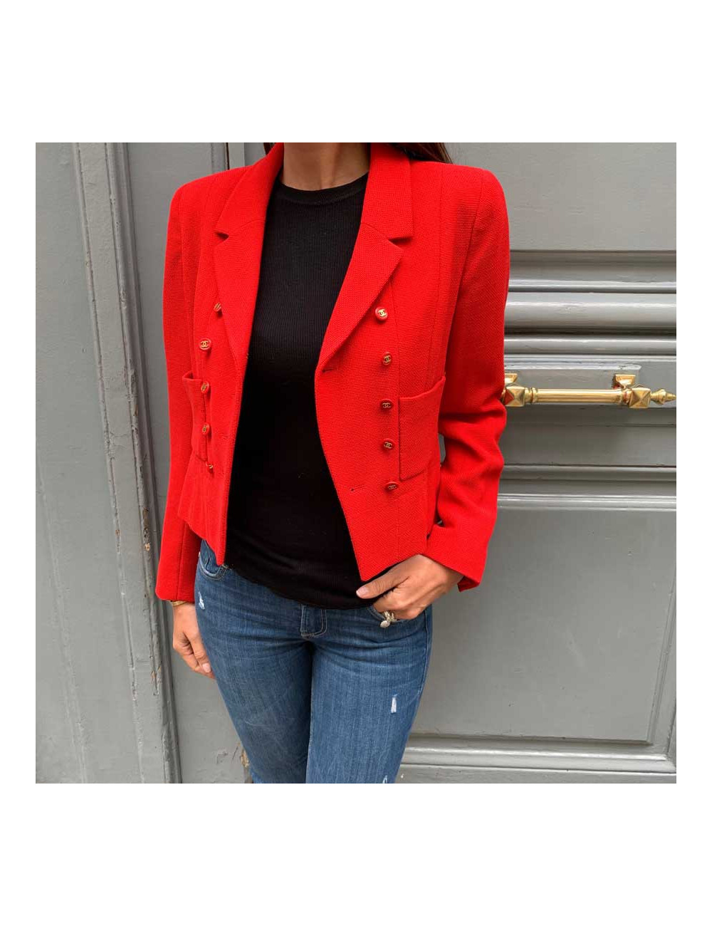 Veste T40 CHANEL Collection 95 en soie rouge 