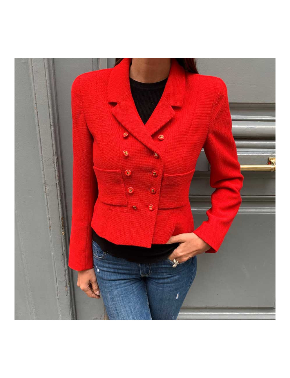 Veste T40 CHANEL Collection 95 en soie rouge 