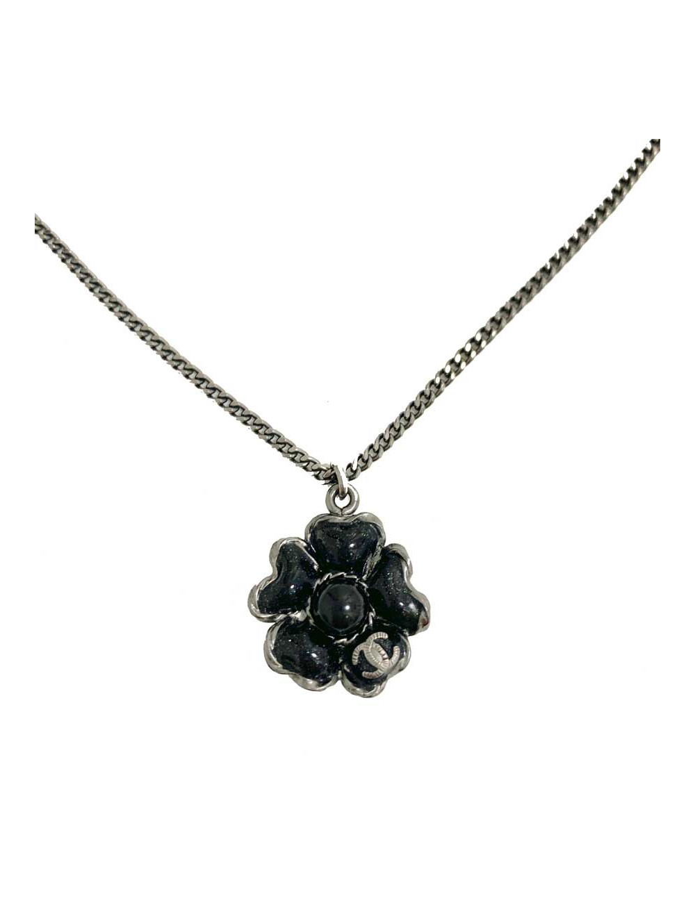 Collier camélias CHANEL chaine métal noir