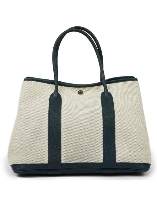 Sac garden party HERMES toile et cuir taurillon clémence bleu