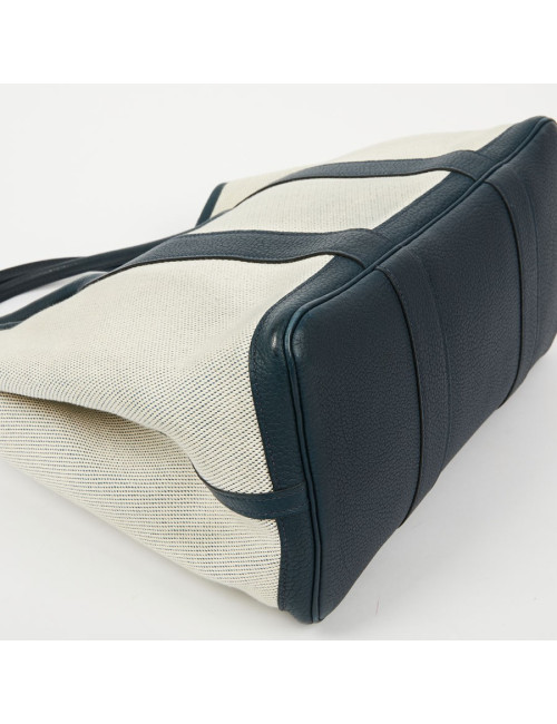 Sac garden party HERMES toile et cuir taurillon clémence bleu