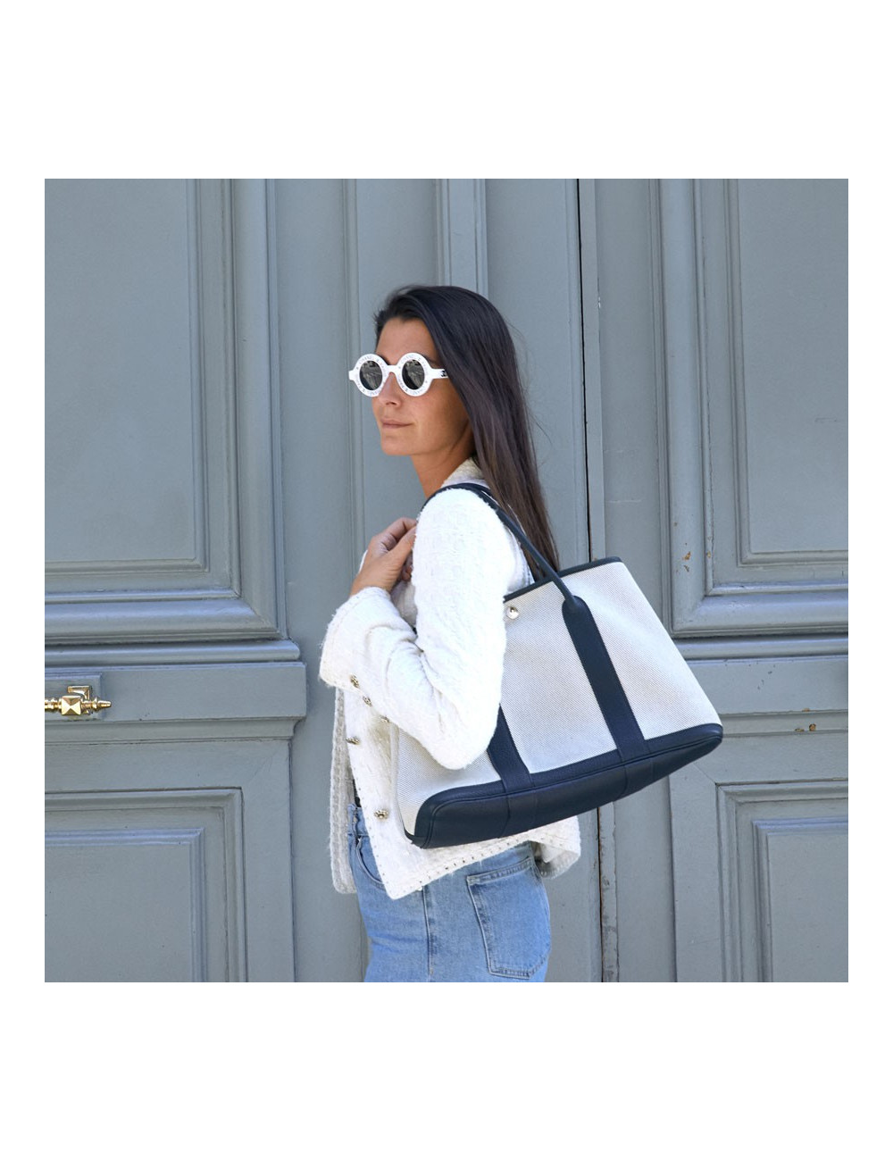 Sac garden party HERMES toile et cuir taurillon clémence bleu