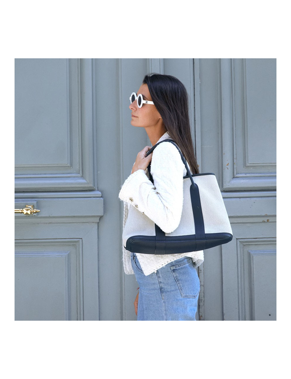 Sac garden party HERMES toile et cuir taurillon clémence bleu