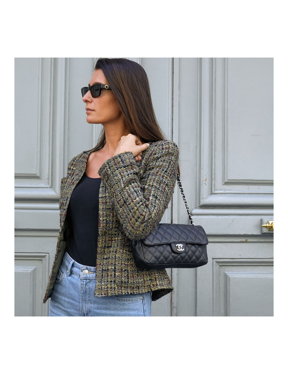 Sac baguette CHANEL cuir caviar noir