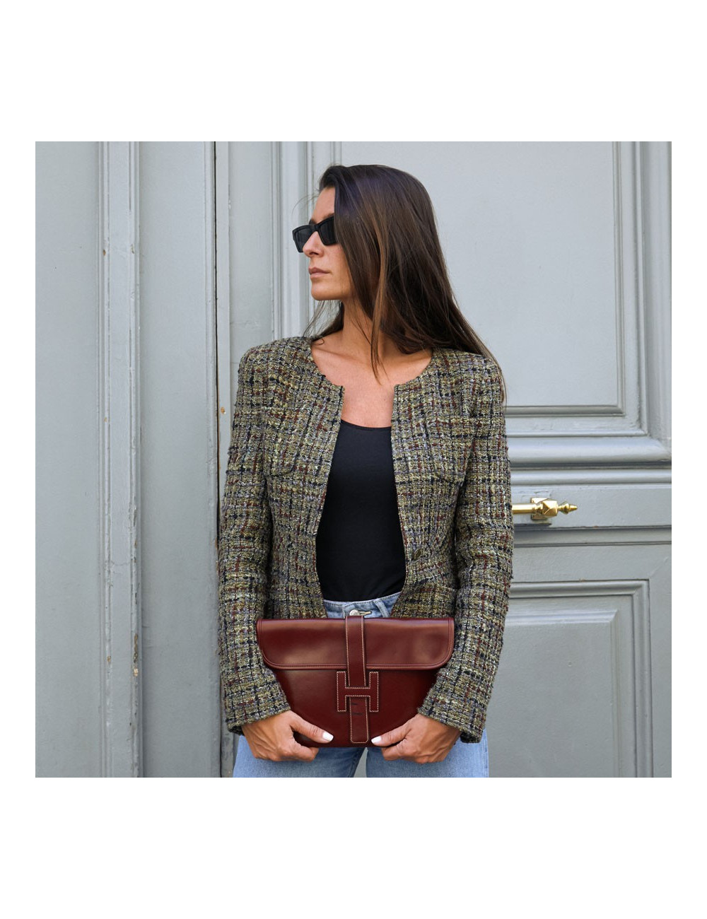 HERMES Jige pochette cuir rouge H