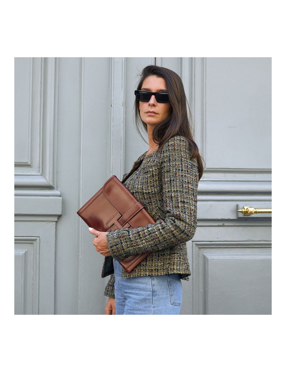 HERMES Jige pochette cuir rouge H