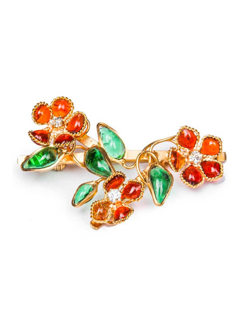 Broche MARGUERITE DE VALOIS pâte de verre orange et vert 