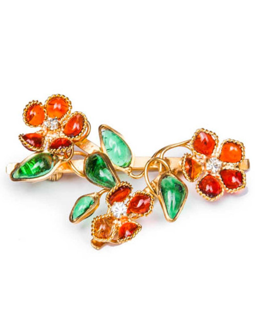 Broche MARGUERITE DE VALOIS pâte de verre orange et vert 