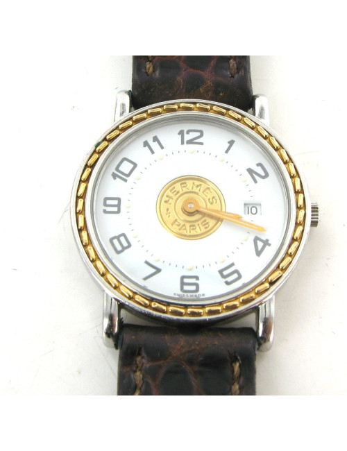 Montre HERMES sellier vintage en or et crocodile marron