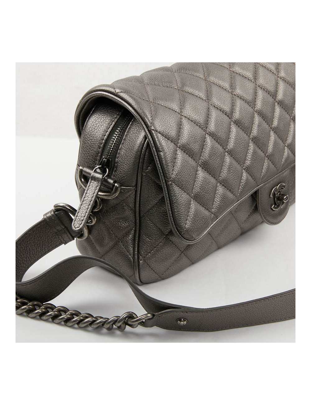Sac CHANEL cuir grainé argent acier