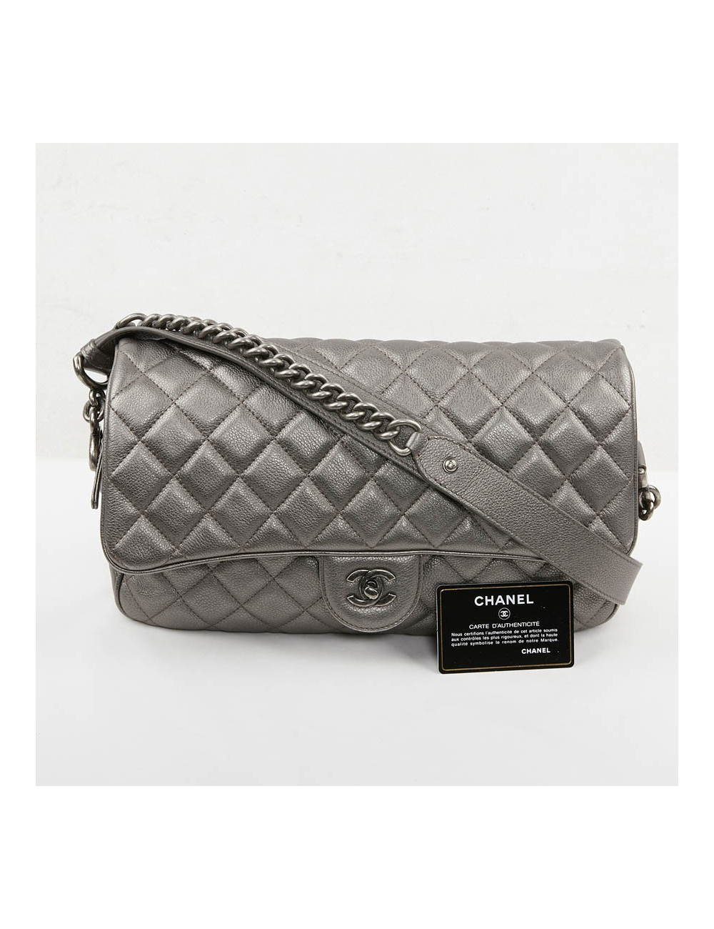Sac CHANEL cuir grainé argent acier