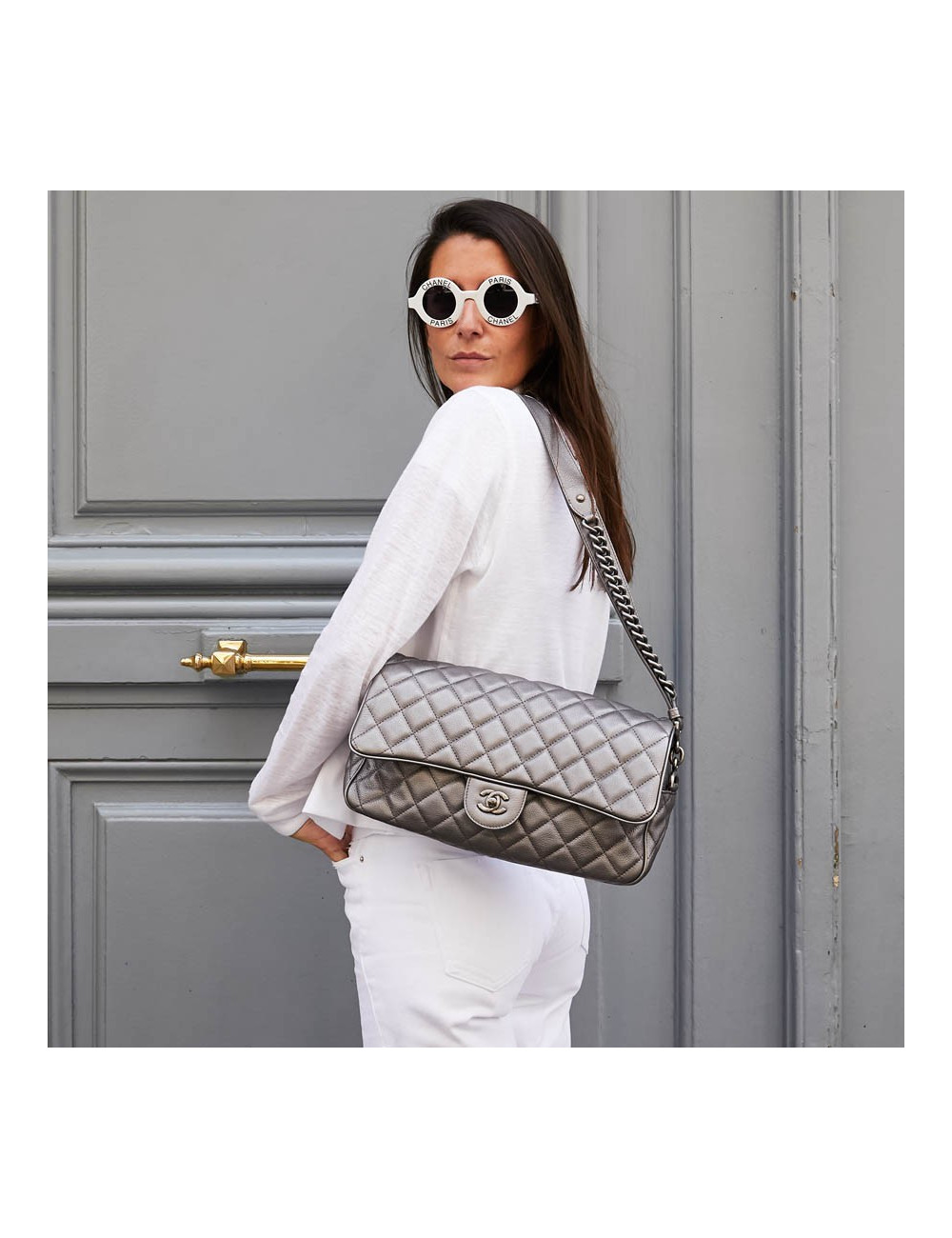 Sac CHANEL cuir grainé argent acier