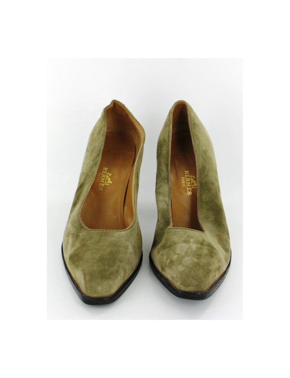 Escarpins HERMES en veau-velours kaki-gris T 36